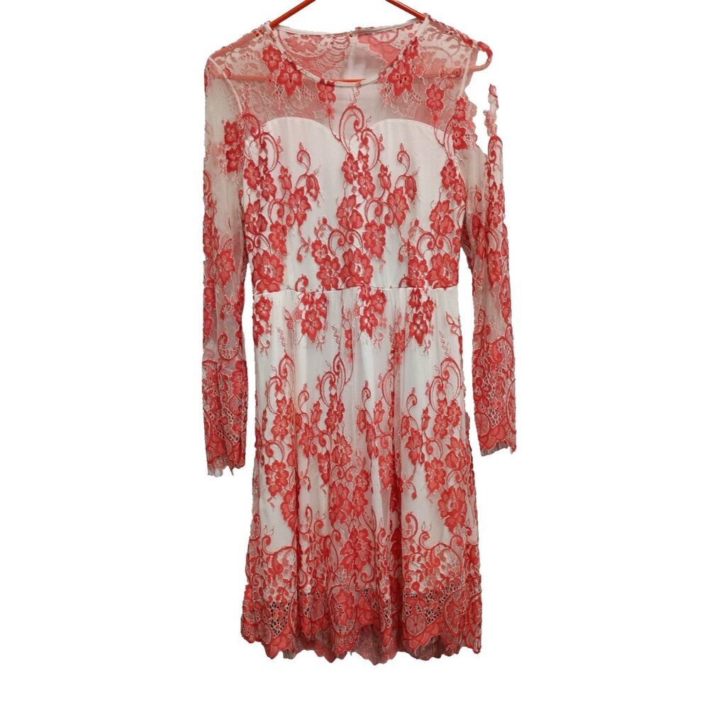 Cassie Mclean Womens Fairy Romantic Midi Dress Medium Red Nude Lace Open Back